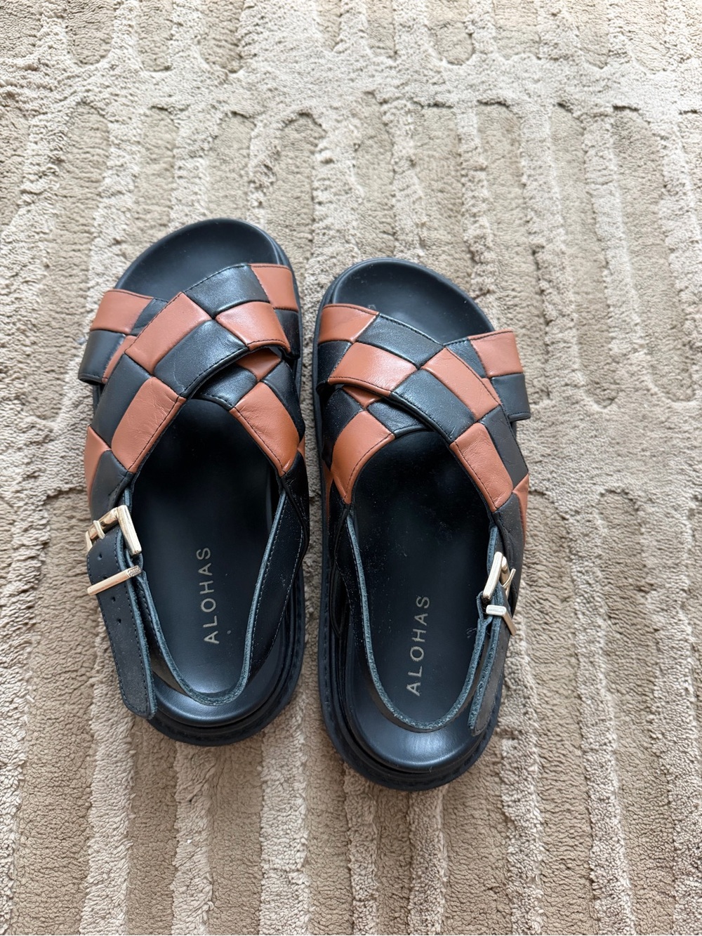 ALOHAS Women’s Black & Brown Woven Leather Strap Sandals